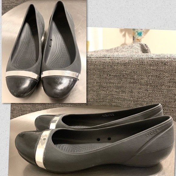 Crocs Ballet Flats cap toe mirror casual slip on shoes beach boho Womens 7 black - Picture 1 of 6